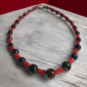 Gothic Necklace Handcrafted Red Black Painted Beaded Necklace T Clasp